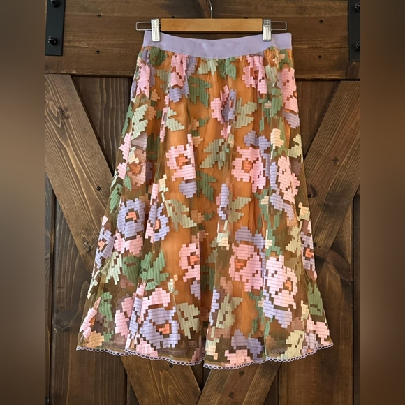 Anthropologie Maeve Pixilated Tulle A-Line Midi Skirt with Floral Mosaic - Picture 1 of 10